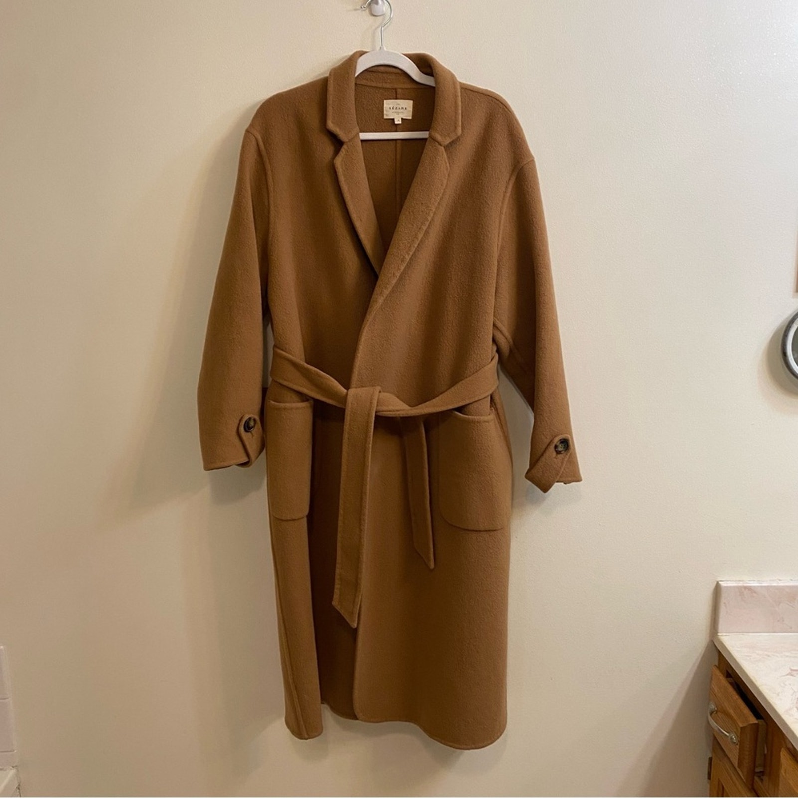 Sezane Mederick Coat 100% Wool Overcoat Camel Brown Womenâs 44 Fr Us 12 Belted